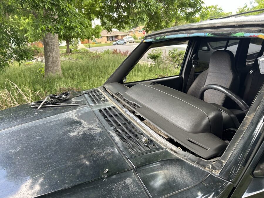 Jeep with missing windshield